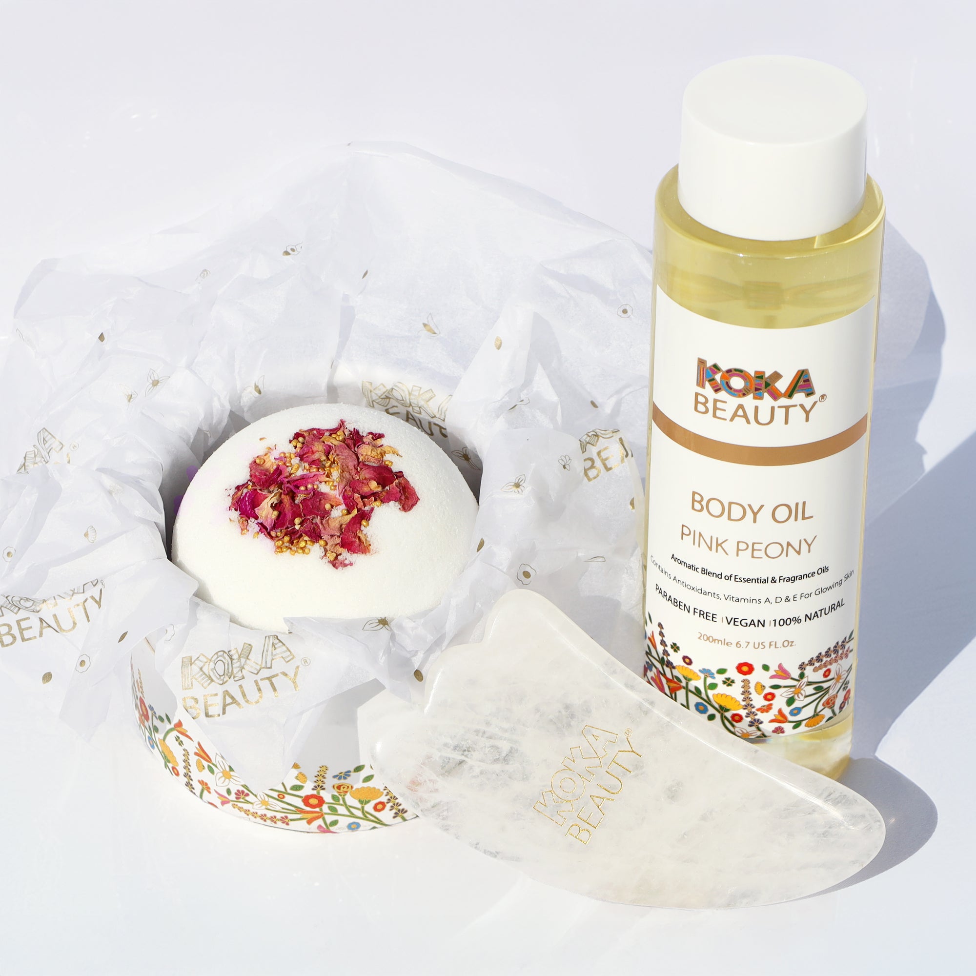 Pink Peony Silk Bath Bomb, Gua Sha and Body Oil Set image 0
