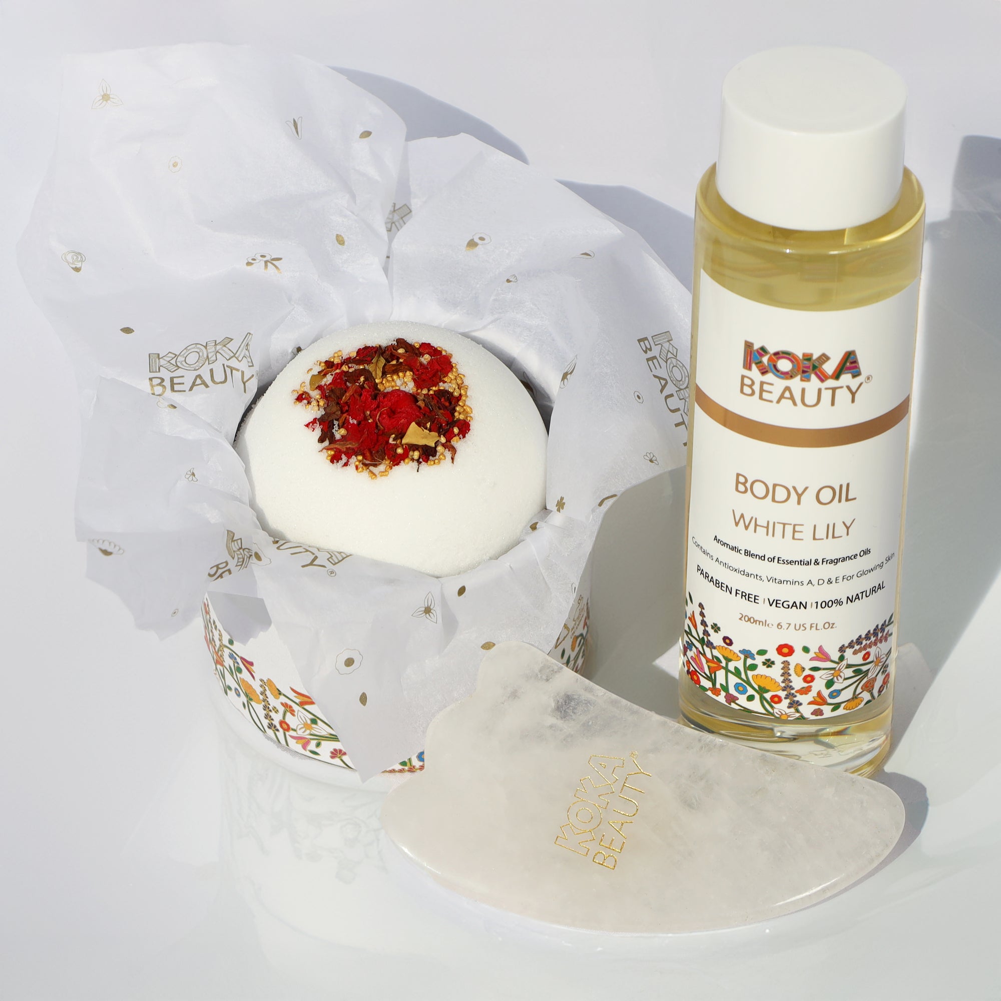 White Lily Silk Bath Bomb, Gua Sha and Body Oil Set image 0