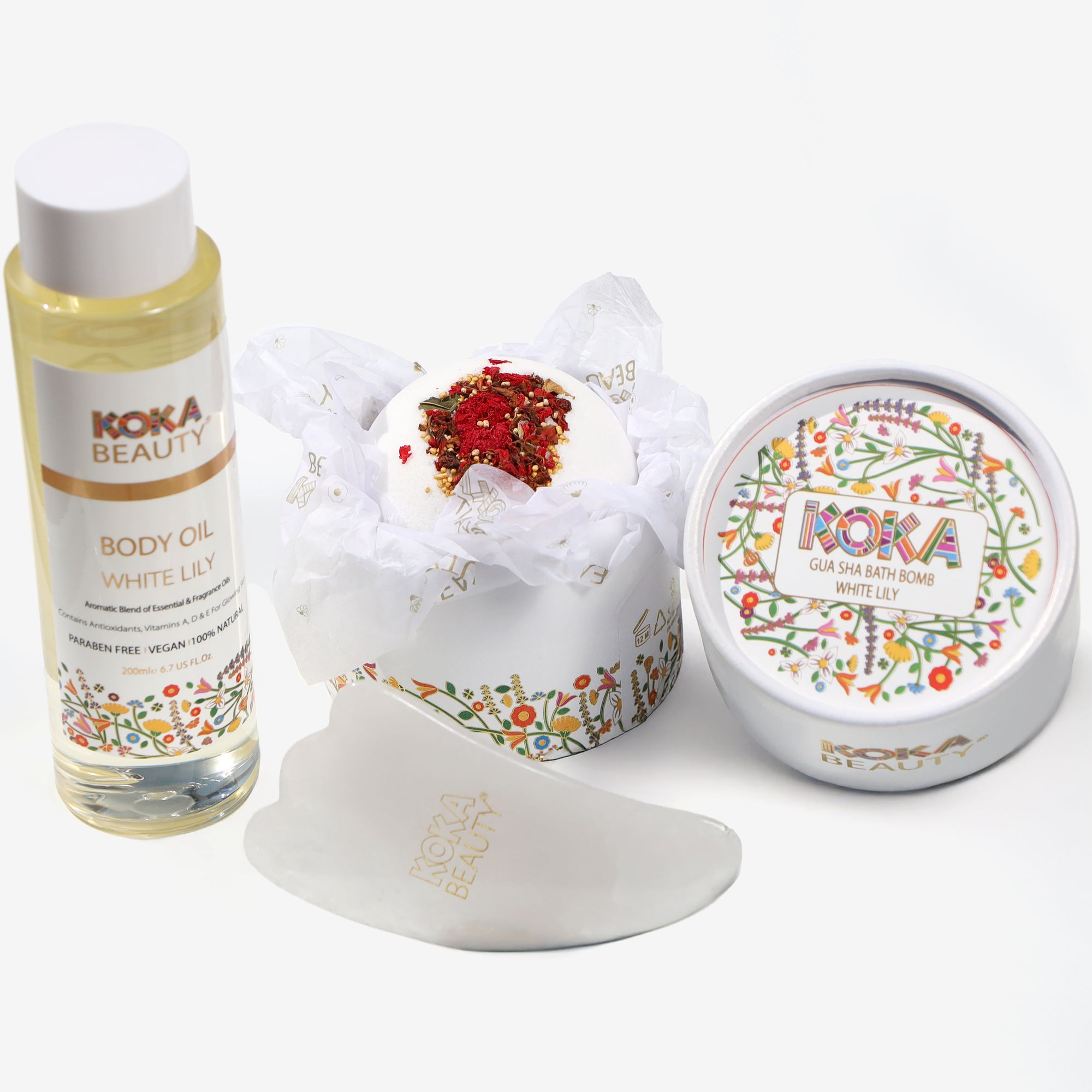 White Lily Silk Bath Bomb, Gua Sha and Body Oil Set