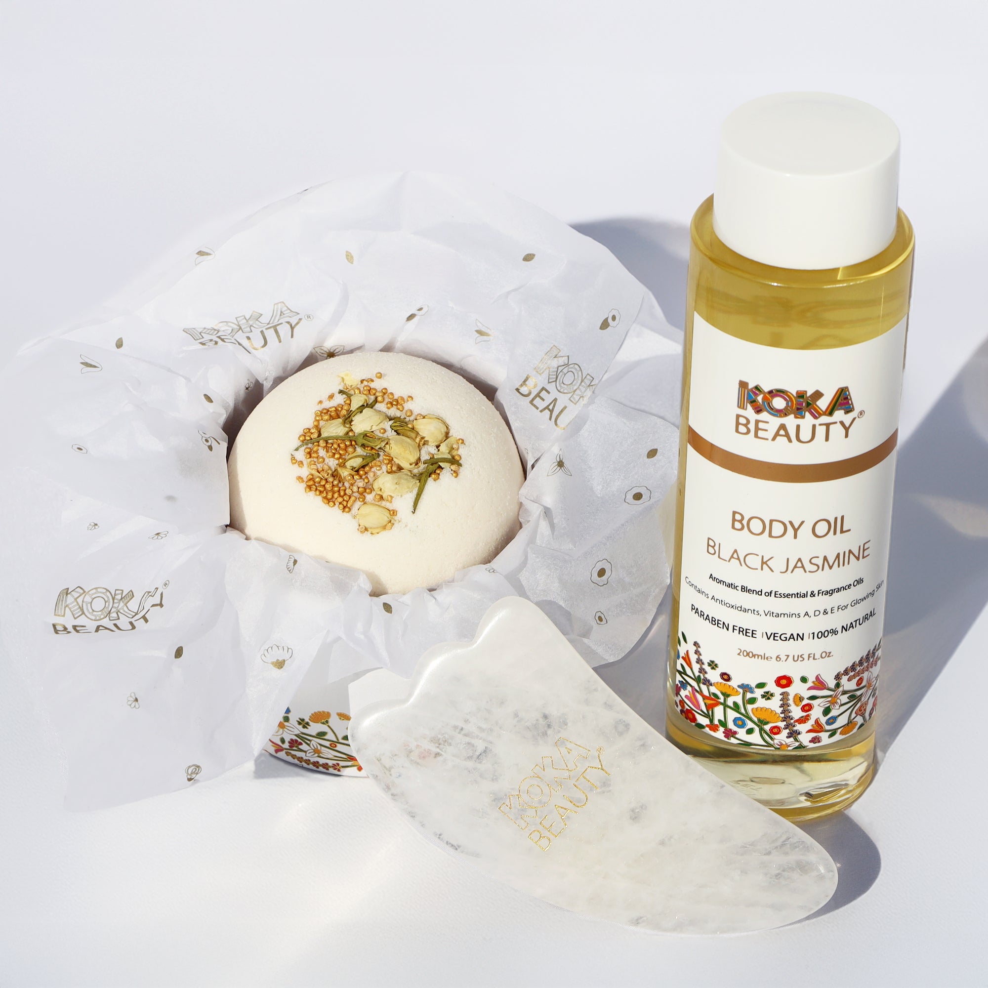Black Jasmine Silk Bath Bomb, Gua Sha & Body Oil Set image 0