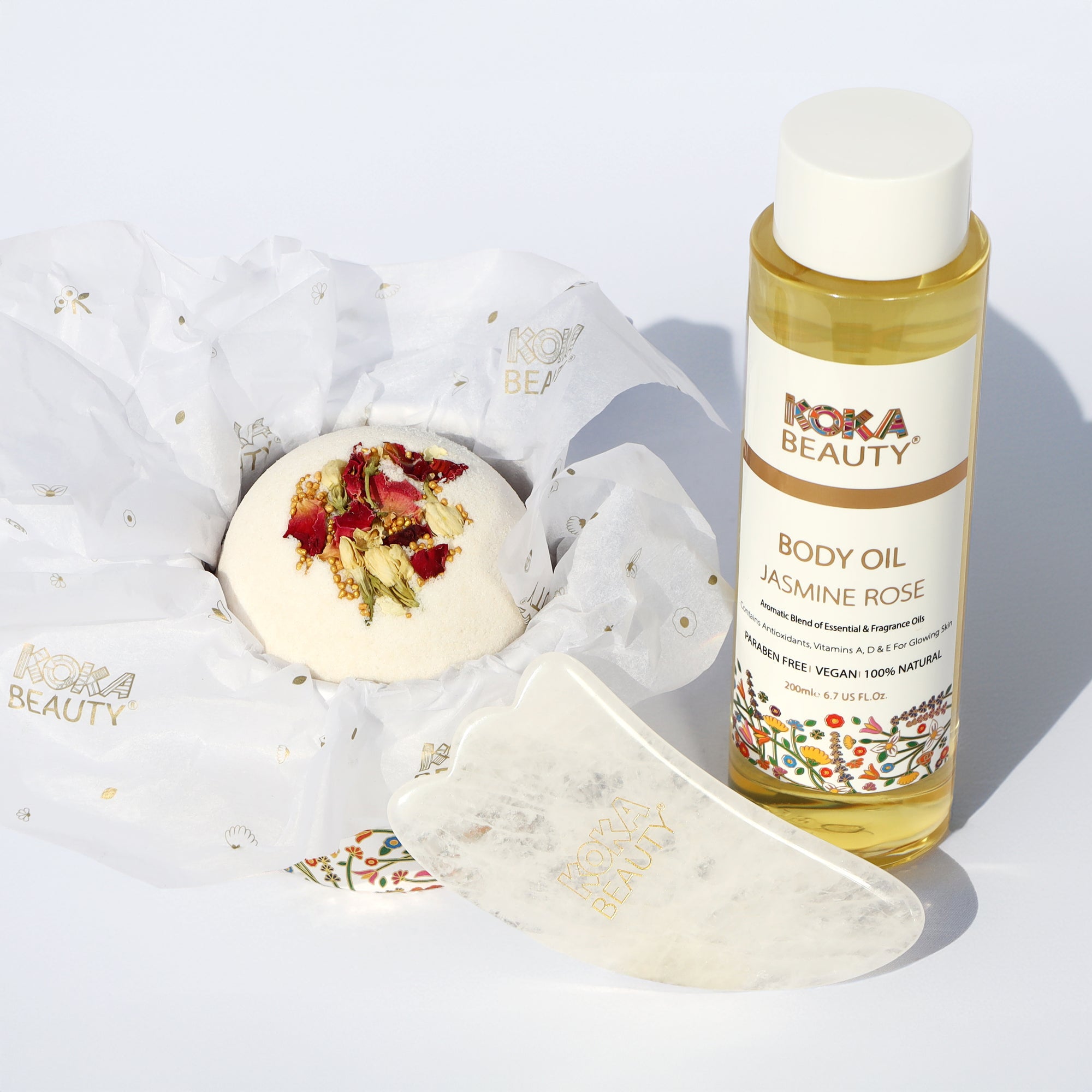 Jasmine Rose Silk Bath Bomb, Gua Sha and Body Oil Set image 0