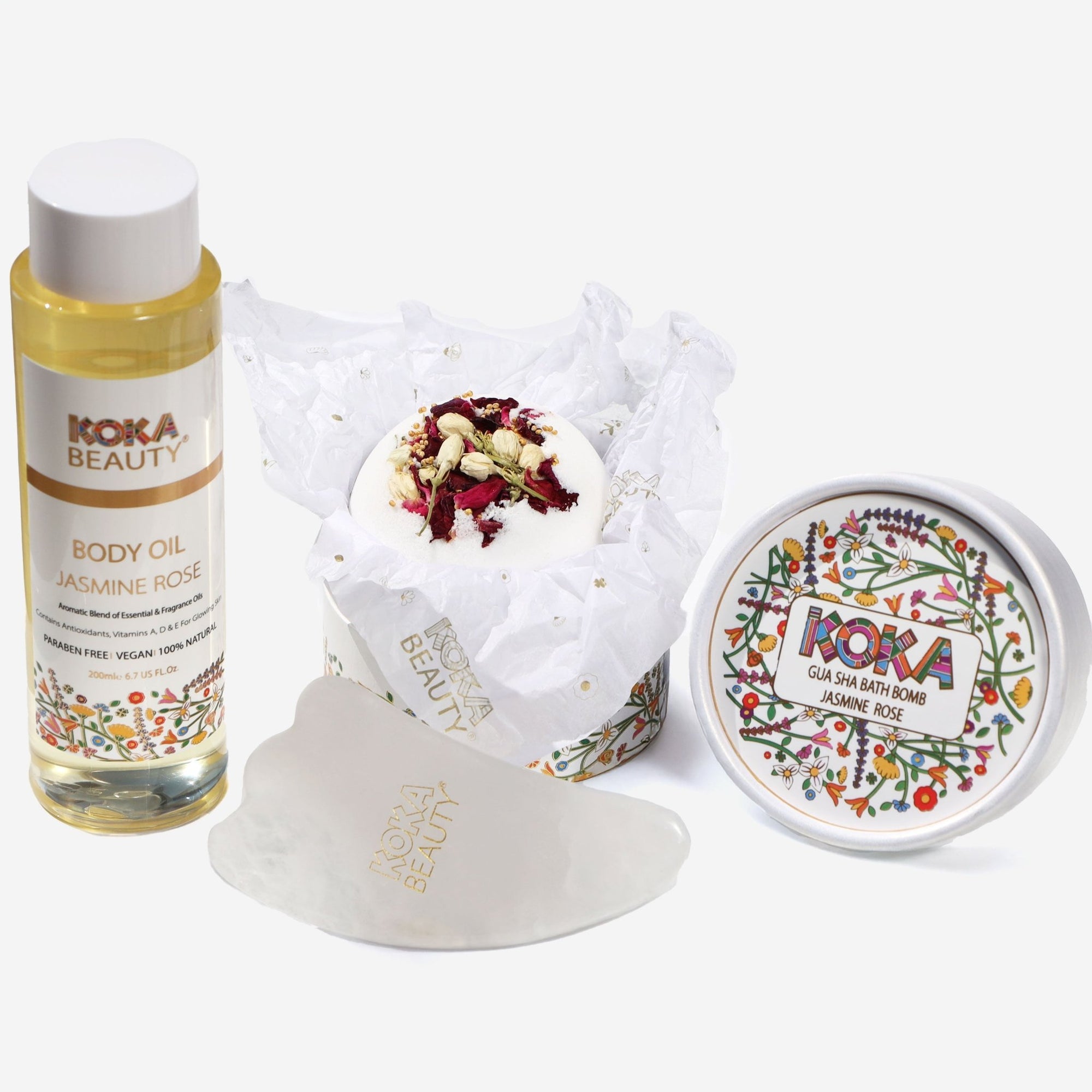 Jasmine Rose Silk Bath Bomb, Gua Sha and Body Oil Set - Koka Beauty
