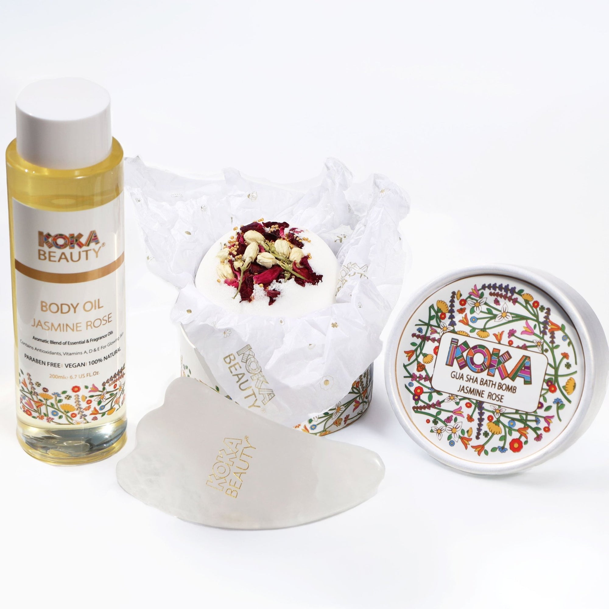 Jasmine Rose Silk Bath Bomb, Gua Sha and Body Oil Set - Koka Beauty