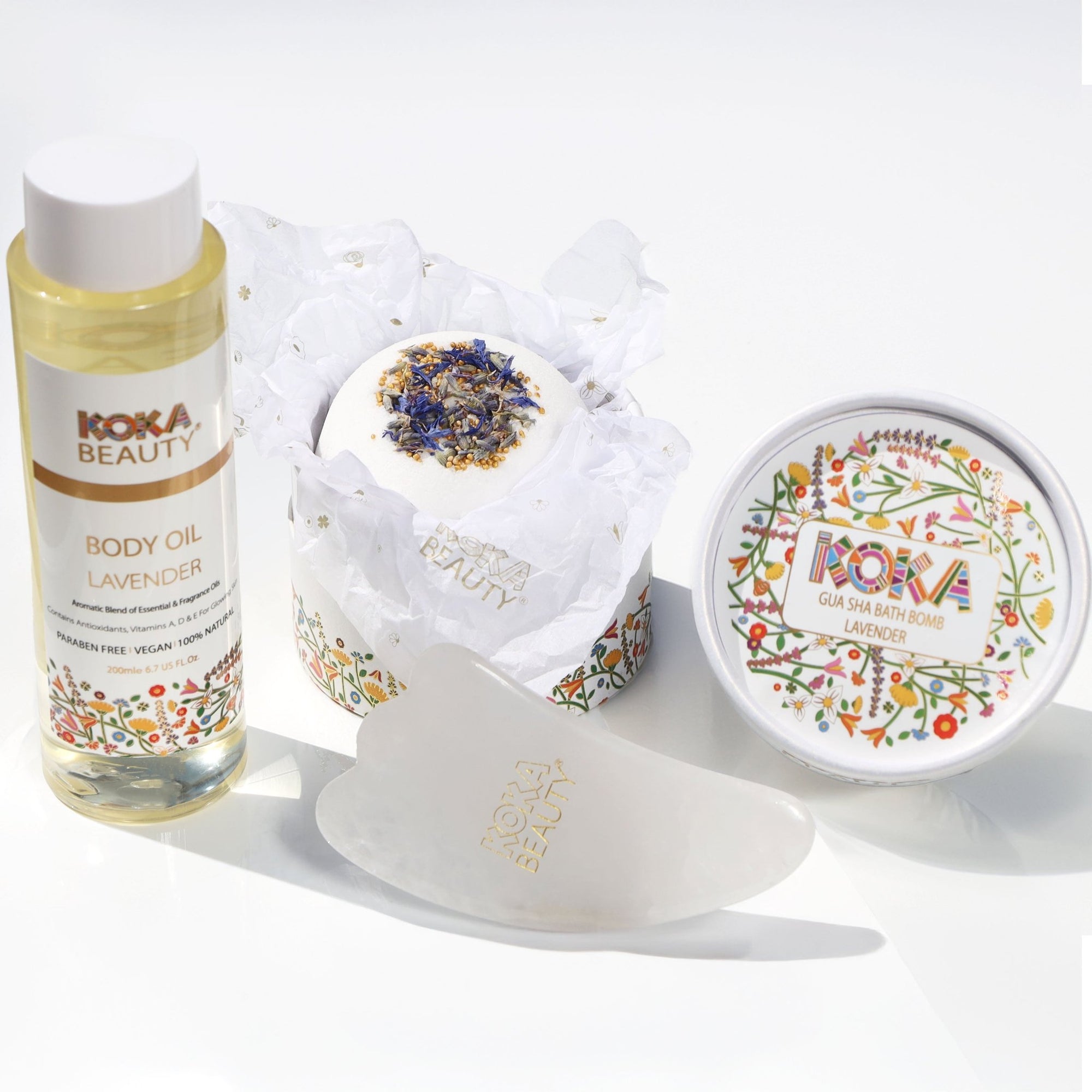 Lavender Silk Bath Bomb, Gua Sha and Body Oil Set - Koka Beauty
