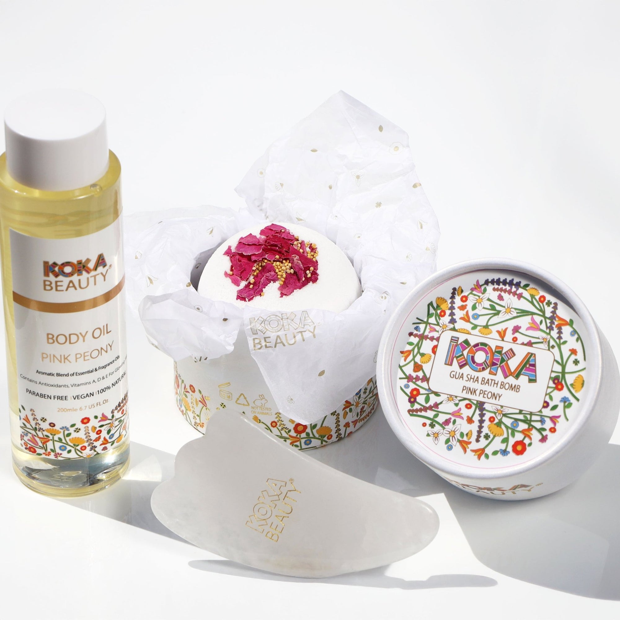 Pink Peony Silk Bath Bomb, Gua Sha and Body Oil Set - Koka Beauty