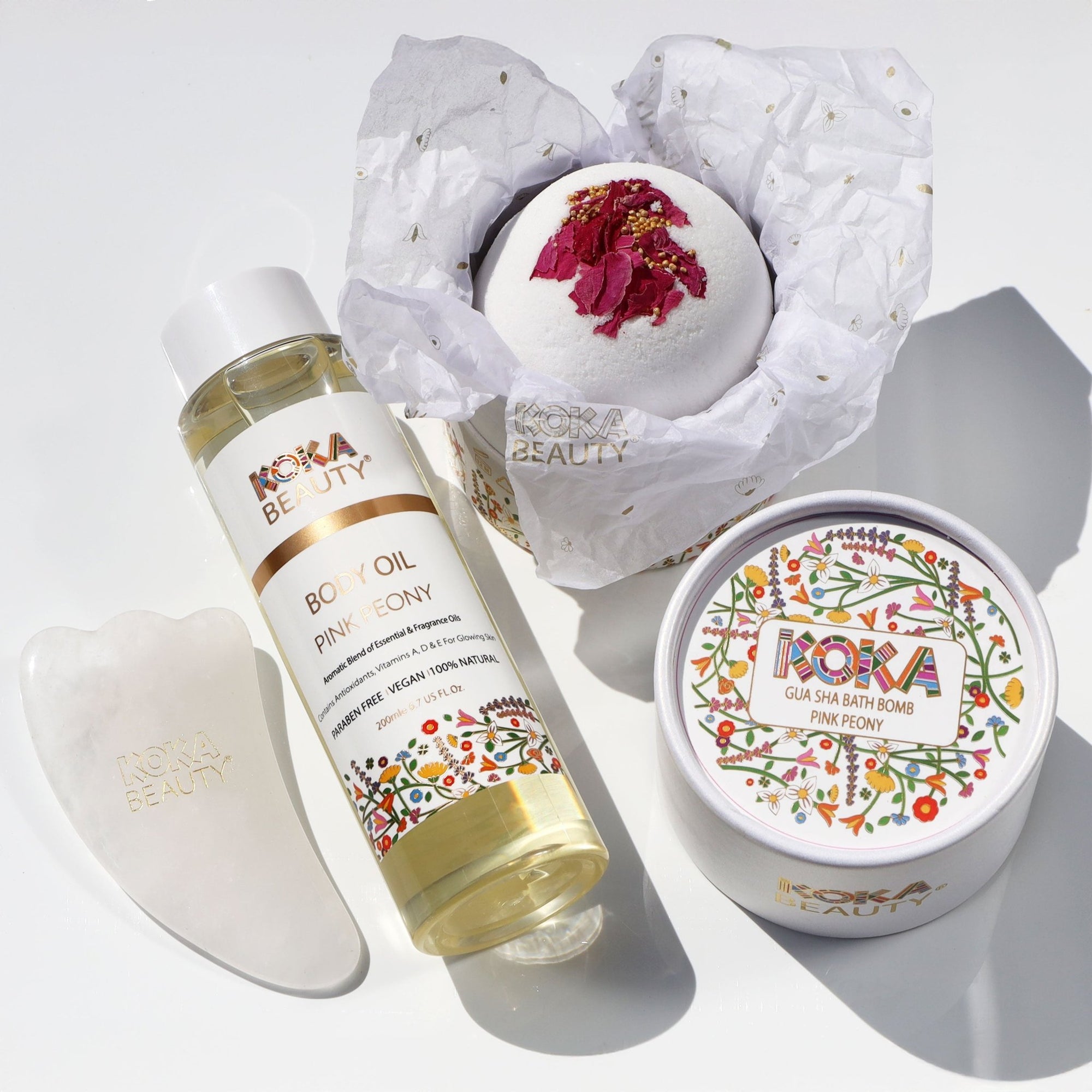 Pink Peony Silk Bath Bomb, Gua Sha and Body Oil Set - Koka Beauty