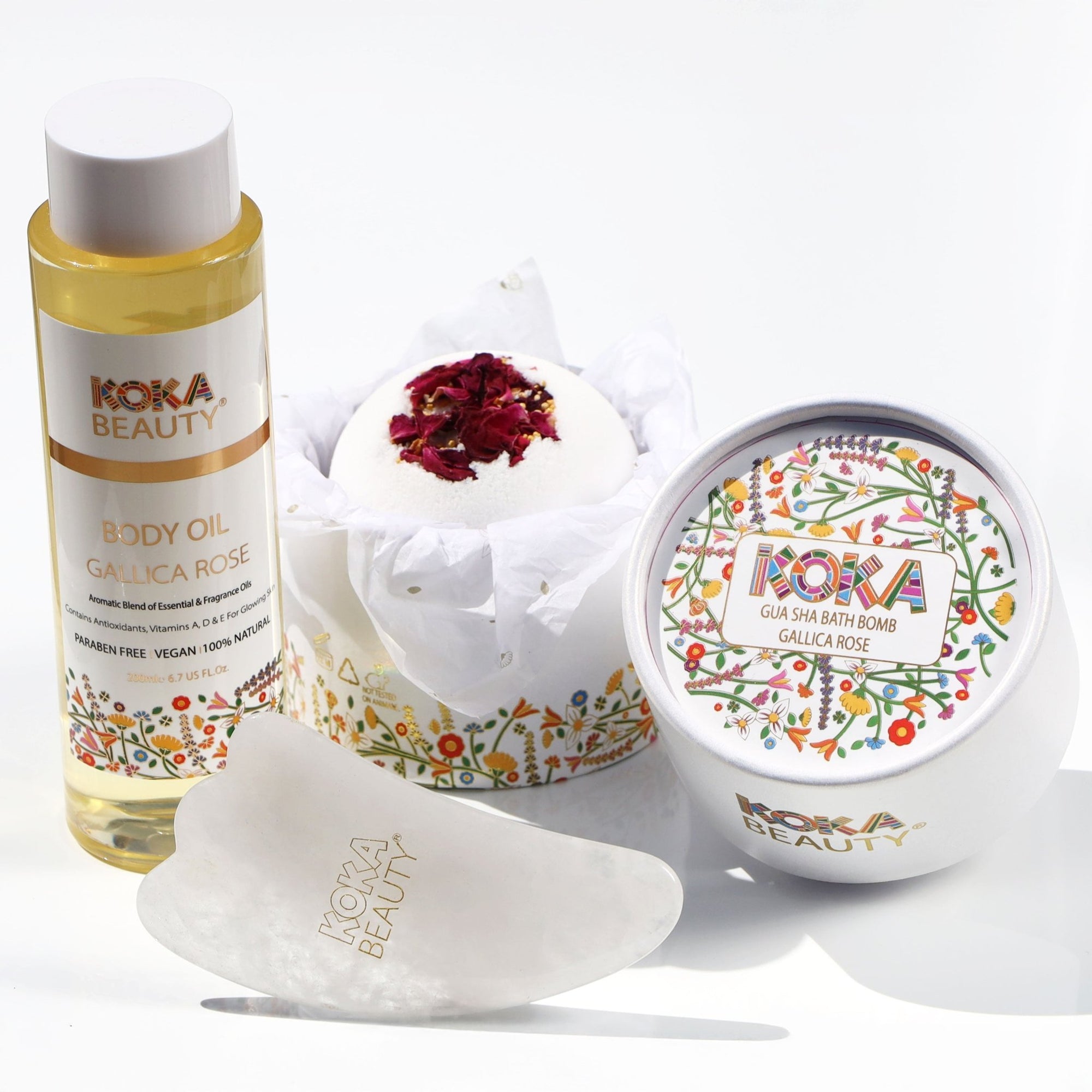 Rose Silk Bath Bomb, Gua Sha and Body Oil Set - Koka Beauty