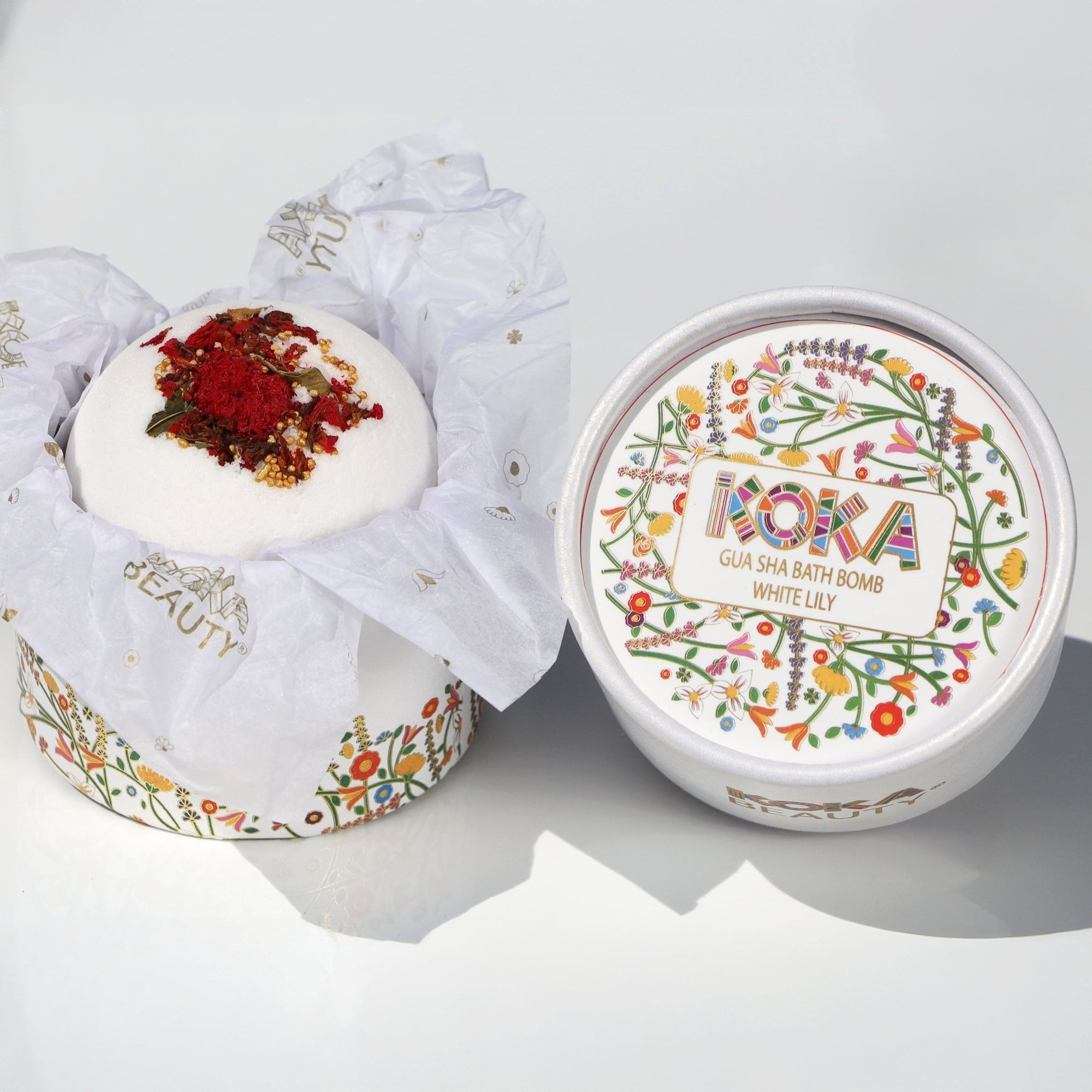 White Lily Silk Bath Bomb, Gua Sha and Body Oil Set - Koka Beauty